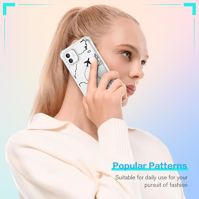FANXI Minimalist Airplane Travel Map Phone Case Compatible with iPhone 12/12 Pro (6.1 Inch) - Shockproof Clear Soft TPU Protective Cover with Airplane Design for Women Men and Girls