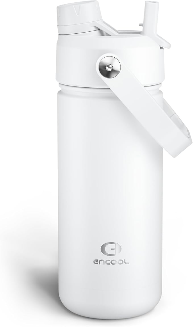 ENCOOL Insulated Water Bottle with Straw Stainless Steel Water Bottle, Leak-Proof, BPA-Free, Double Wall Vacuum Keeps Cold for 24 Hours for Sports, Travel, School (18 oz, Polar White)
