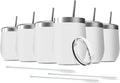 6 Pack 12 oz Stainless Steel Stemless Wine Tumbler with Leakproof Lids, Double Wall Vacuum Insulated Travel Cup Including 6 Straws set,for Coffee, Cocktail, Drink, Tea and Beer (White