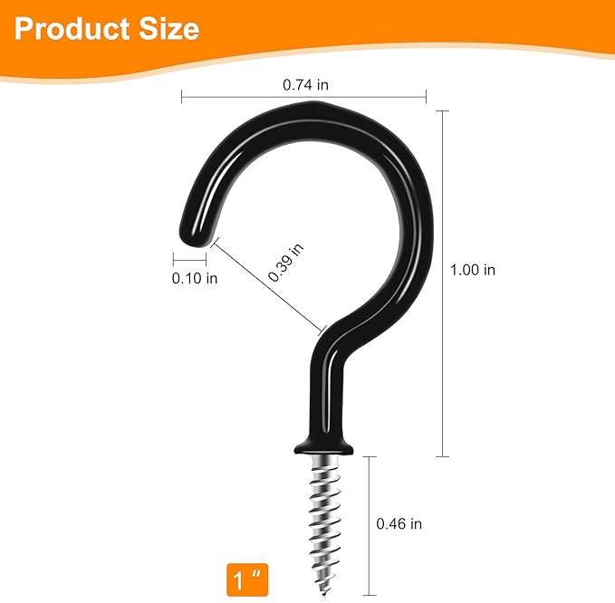 Cup Screw Hooks,1 inch Vinyl Coated Ceiling Hooks,100 Pack Screw in Hook,Wind Chimes Hook Kitchen Cup Hook Great for Hanging Indoor & Outdoor Use(Black)