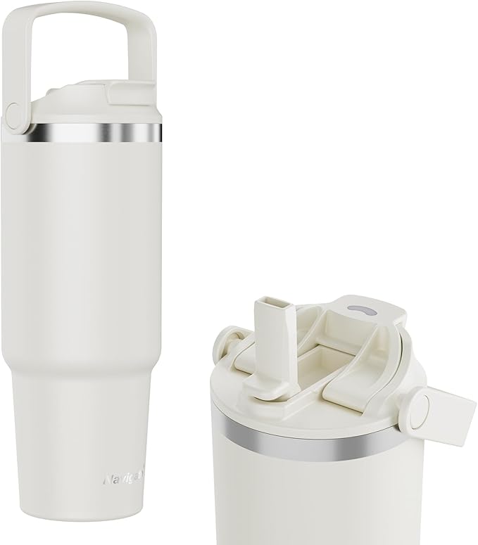 Navigate 30 oz Tumbler with Handle and Straw Lid,Twist On Lid and Flip Up Straw, Double Insulated Tumblers with Flip Straw and Top Handle, Insulated Water Bottle, White