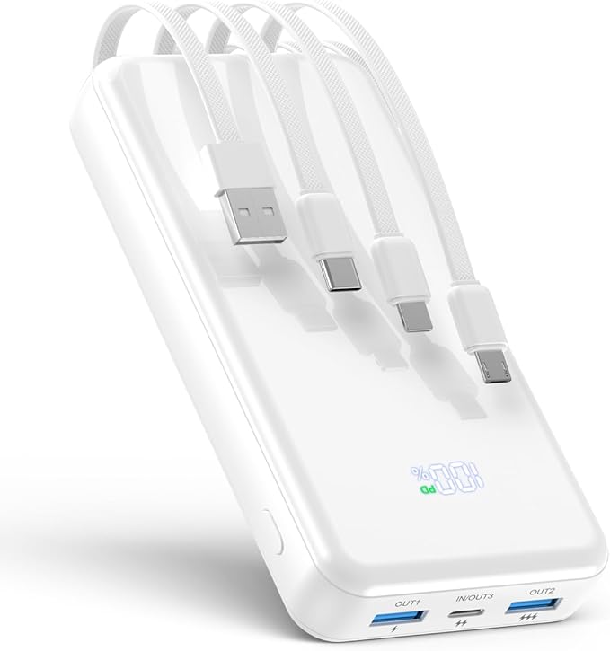 Portable Charger,50000mAh Power Bank Built-in Cable, 22.5W PD USB C In & Out Fast Charging, External Battery Pack with 6 Output & 2 Input, Travel Phone Charger for iPhone 17/16/15/14/13/12(White)