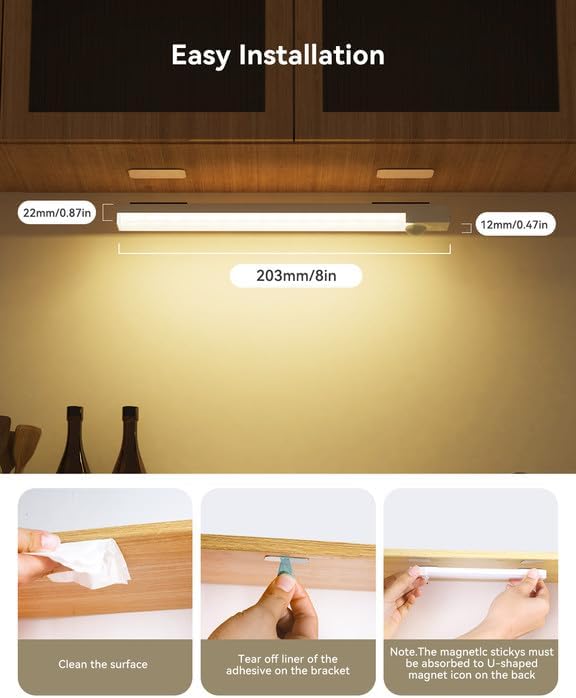 Under Cabinet Lighting 8 Inch 6-Pack, Rechargeable Motion Sensor Light Indoor, Dimmable Closet Lights 3 Color Temps, Wireless Under Counter Lights for Kitchen, Stairs