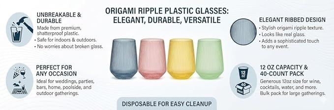 Oojami 40 Pack Origami Ribbed Stemless Plastic Wine Glasses 12 oz - Shatterproof BPA-Free Disposable Recyclable Unbreakable Ripple Cups for Champagne Whiskey Cocktail, Wedding Party (Color Collection)
