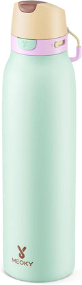 Meoky 24 oz Slim Insulated Water Bottle: Leak Proof Locking Lid, 2-in-1 Straw and Spout, 24 Hours Cold, Top Handle, BPA Free, Stainless Steel Water Bottle for Adults Teens Sports Travel, Lime