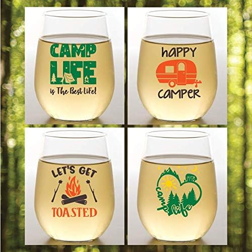 Set of 4 Shatterproof Designer 16 oz Plastic Wine Glasses MADE in the USA (CAMP LIFE)