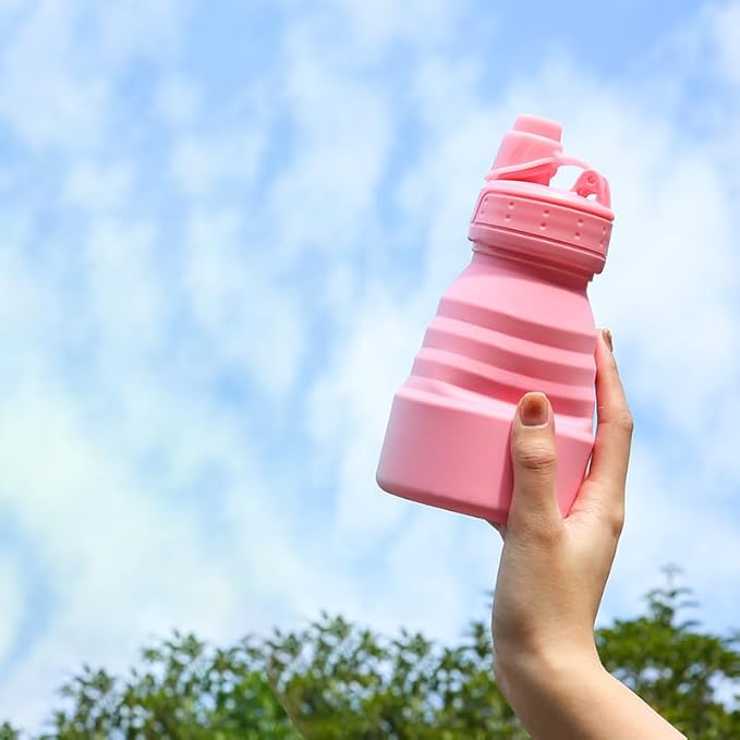 Collapsible Water Bottles 17oz, Odorless BPA-Free Silicone, Leak-Proof Foldable Reusable Bottle - Perfect for Travel Sports Gym Hiking Camping Cycling - Water Pink