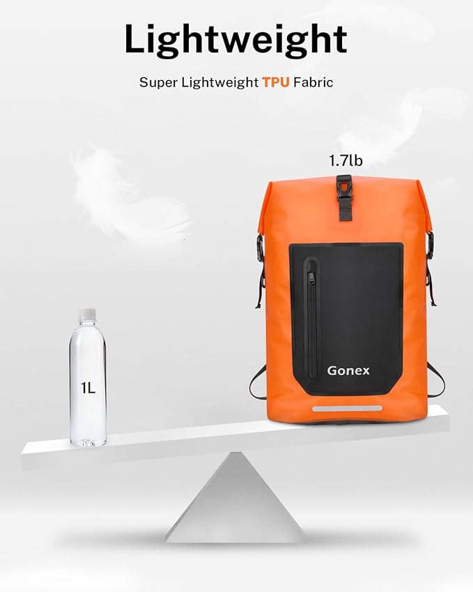 Gonex Ultralight Waterproof TPU Backpack, 55L Roll Top Dry Bag with Comfortable Padded Back Panel for Kayaking Boating Camping Fishing Travel,Orange