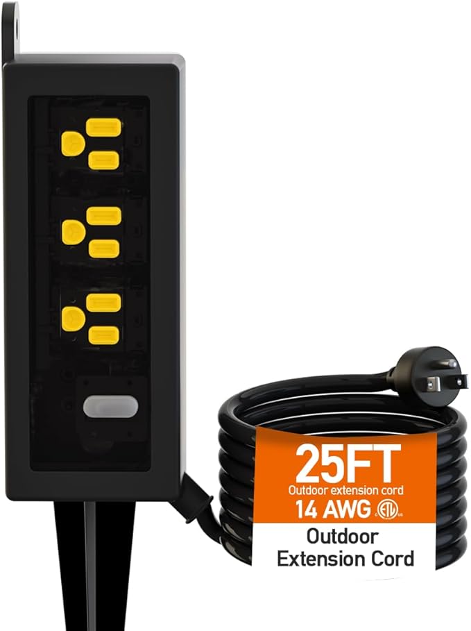 Outdoor Power Strip Weatherproof, ZZJ IP69 Grade Waterproof Surge Protector, 25 FT Outdoor Extension Cord with Stake, 6 AC Outlets,14 AWG Heavy Duty Cord for Outdoor Patio Garden-Black