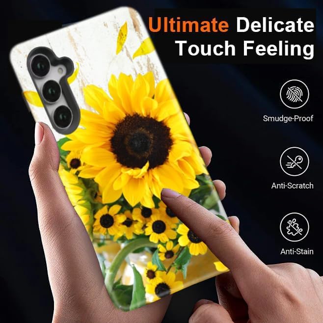 Compatible for Samsung Galaxy A17 5G Case, Dual Layer Heavy Duty 2 in 1 Shockproof Protective Phone Case,Wood Grain Sunflowers