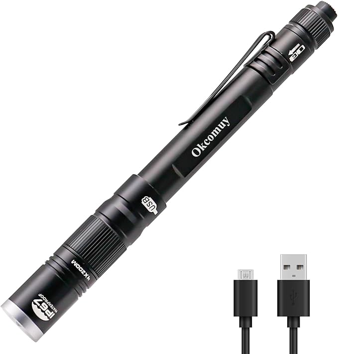 okcomuy Rechargeable LED Pen Light Flashlight,300 Lumens IP67 Waterproof with Pocket Clip 4-Zoomable| 3 Modes, Prefect Pocket Small Flashlight for Inspection,Work,Repair,Camping