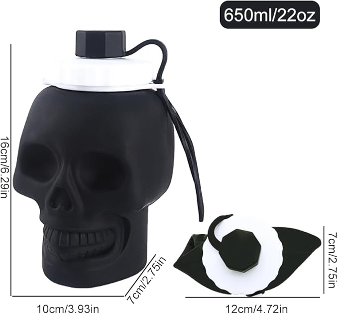 Collapsible Silicone Water Bottle 22oz/650ml, Skull Pattern Foldable Water Bottle, BPA-Free Leak-Proof Reusable Portable Drinking Bottle for Sports Travel Camping Outdoor, Black
