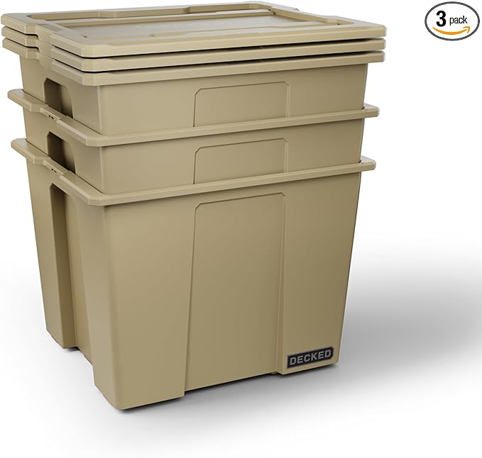 DECKED Payloader 64 L (3-Pack) - 200 lb Load Rated, Heavy-Duty Stackable Garage Storage Bins - Desert Tan