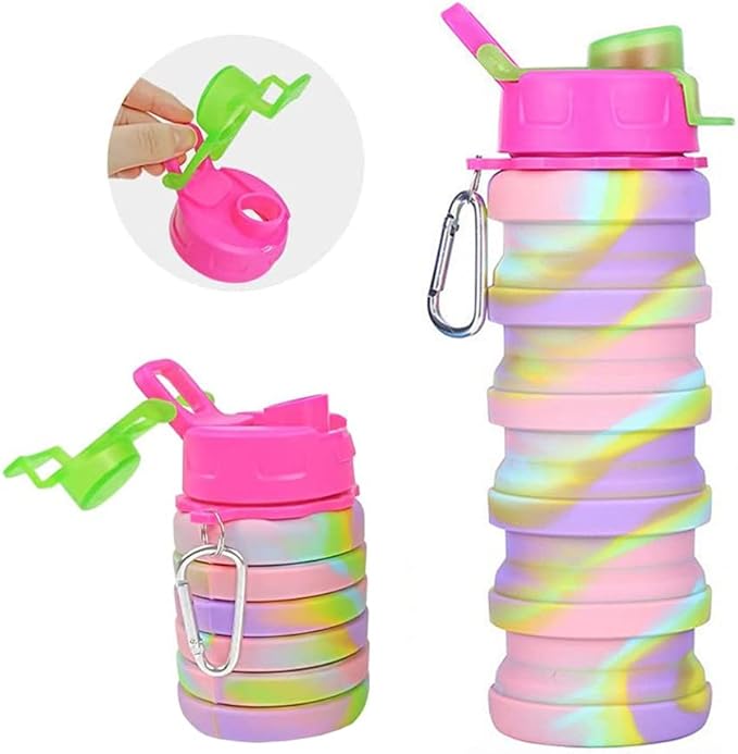 Collapsible Silicone Water Bottles 2 Pack - 500ml Portable Expandable Sport Bottle with Carabiner for Travel & Camping (Yellow Camouflage + Rose Red)