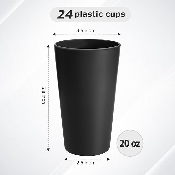 HEYCOME 24 Pcs Unbreakable Plastic Cups Set, 20 oz Reusable Plastic Cups, Stackable Water Tumblers, Drinking Cup for Kitchen, Outdoor, BPA-free, Dishwasher Refrigerator and Microwave Safe, Black