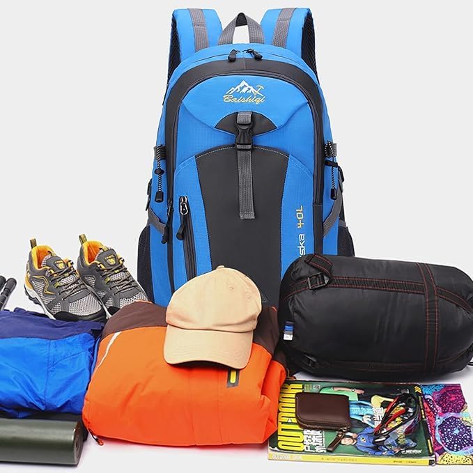 40L Hiking Backpack, Lightweight Daypack for Men Women, Polyester Rucksack, Breathable Backpack with Multi Pockets for Camping Walking Commuting Outdoor Short Trips-Blue