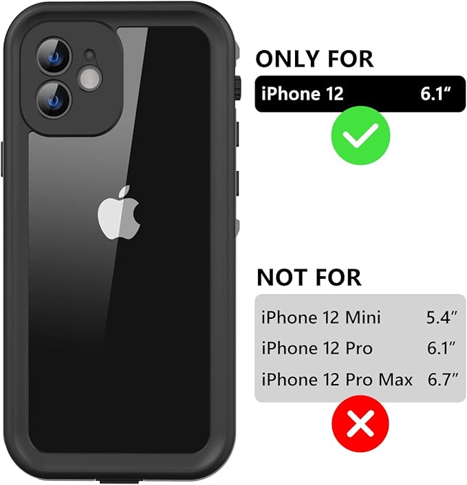 Protebox for iPhone 12 Waterproof Case with Built-in Screen Protector, Shockproof Dustproof Full Body Protective IP68 Waterproof Phone Case for iPhone 12 6.1 inch (Black/Clear)