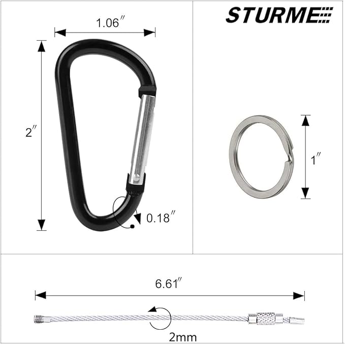 STURME 2" Aluminum D Ring Carabiners Clip D Shape Spring Loaded Gate Small Keychain Carabiner Clip Set Outdoor Camping Mini Lock Snap Hooks Spring Link Key Chain Durable Improved 24 PCS
