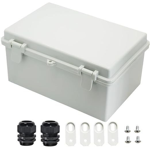 Zulkit Junction Box ABS Plastic Dustproof Waterproof IP65 Electrical Boxes Hinged Shell Outdoor Universal Project Enclosure with 2 Cable Glands 11.42 x 7.48 x 5.51 Inch (290x190x140mm)