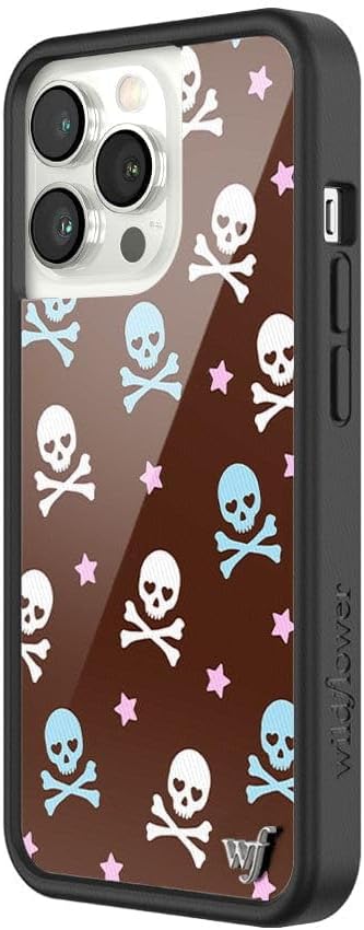 Wildflower Cases - Compatible with iPhone 13 Pro | Protective Black Bumper, 6.5ft Drop Test Certified, Women Owned Small Business | Trendy Brown White Pirate Skulls | Cross Bones