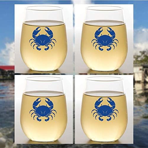 Set of 4 Shatterproof Designer 16 oz Plastic Wine Glasses MADE in the USA (BLUE CRAB)