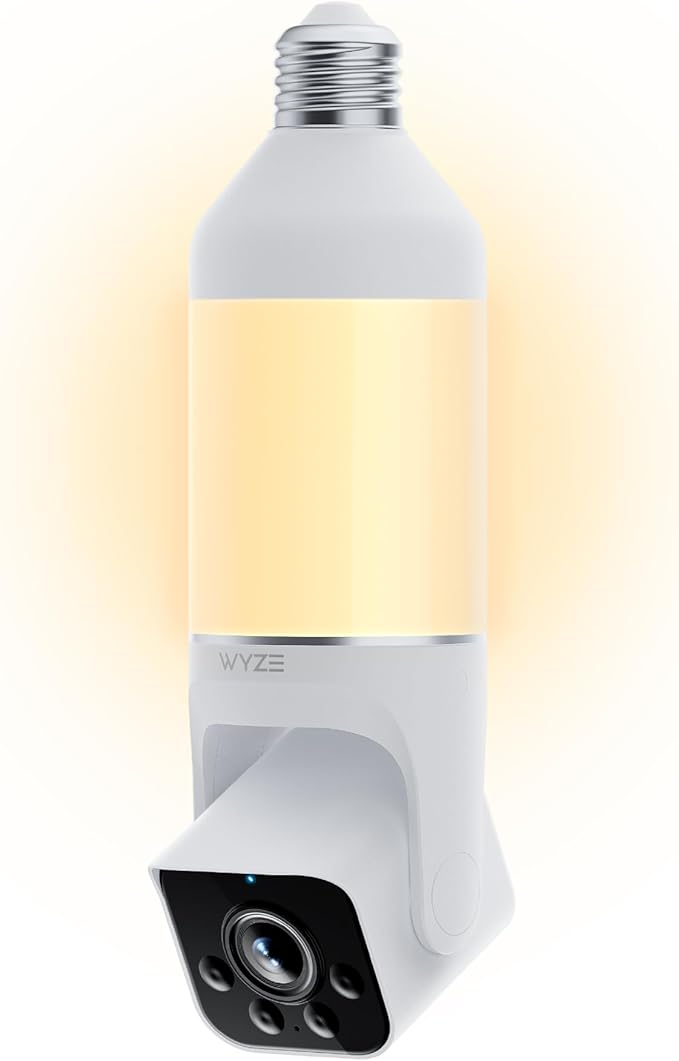 WYZE Bulb Cam Security Camera, 2K HD Outdoor Light Bulb Camera, Color Night Vision, Dimmable LED Bulb, Motion Detection, Siren Alarm, Works w/Alexa/Google Assistant. Free Expert Support