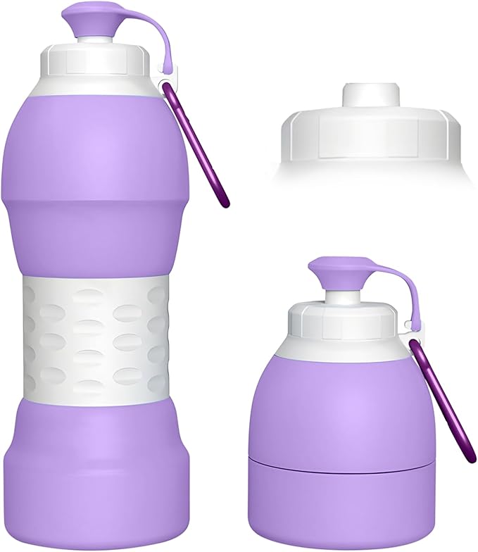 Collapsible Lightweight 20oz Water Bottle, Food-Grade Silicone BPA Free, Foldable Portable Leak Proof Office Travel Cycling Sports Outdoor Water Bottle with Vertical Hook (purple, Short nozzle)