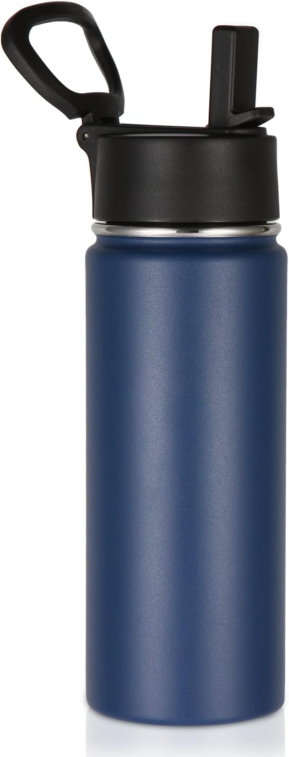 Volhoply 18oz Kids Insulated Water Bottle,Stainless Steel Water Bottles with Straw Lid,Double Wall Vacuum Reusable Metal Water Bottle,Wide Mouth Sports Travel Flask For Cold Drink(Navy,1 Set)