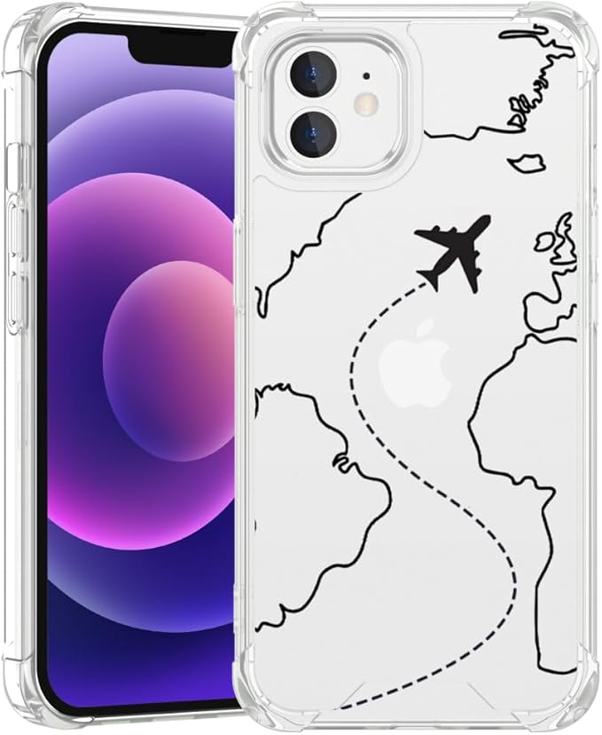 FANXI Minimalist Airplane Travel Map Phone Case Compatible with iPhone 12/12 Pro (6.1 Inch) - Shockproof Clear Soft TPU Protective Cover with Airplane Design for Women Men and Girls