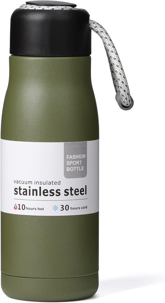 Small Water Bottle 12 oz, Dusgut Insulated Water Bottle, Stainless Steel, Wide Mouth Portable Lid, Army Green