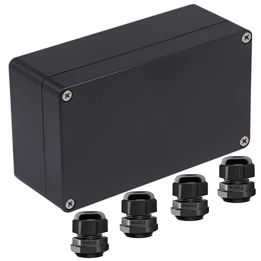 Junction Box IP65 Waterproof ABS Plastic Electrical Project Case Power Junction Boxes, Project Box with 4 PCS M16 Cable Glands 6.22x3.54x2.36 inch (158 x 90 x60 mm)