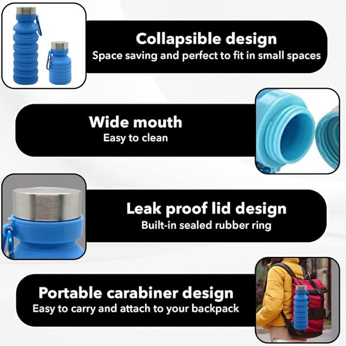 Gadgetime USA Collapsible Water Bottle (Blue) - Reusable, BPA Free, Silicone, Foldable Portable & Leak Proof - Water Bottles for Travel Gym Camping Hiking - Sports Water Bottle with Carabiner