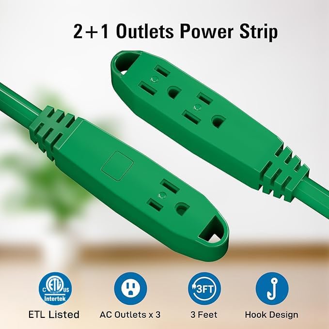 K KASONIC - 3-Feet 3 Outlet Extension Cord, UL Listed, 16/3 SJTW 3-Wire Grounded, 13 Amp 125 V 1625 Watts, Multi-Outlet Indoor/Outdoor Use, Green