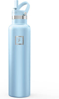 IRON °FLASK Camping & Hiking Hydration Flask with Straw, Narrow Mouth Insulated Stainless Steel Sports Water Bottle - Morning Mist 24 oz - Straw (1 Lid)