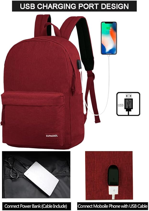 SUPACOOL Casual Laptop Backpack for Men and Women, Pencil Pouch, School Backpack with USB Charging Port, Bookbag for Boys and Girls(Garnet set)