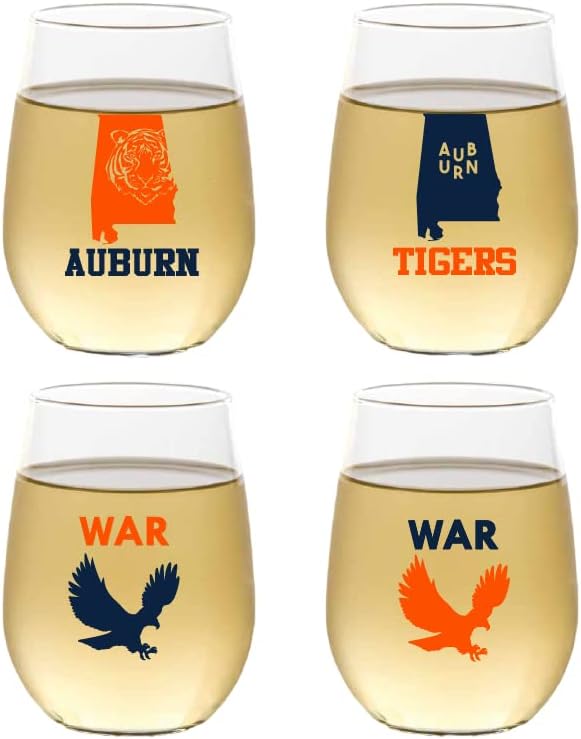 Wine-Oh Set of 4 Shatterproof Designer 16 oz Plastic Wine Glasses MADE in the USA (AUBURN)