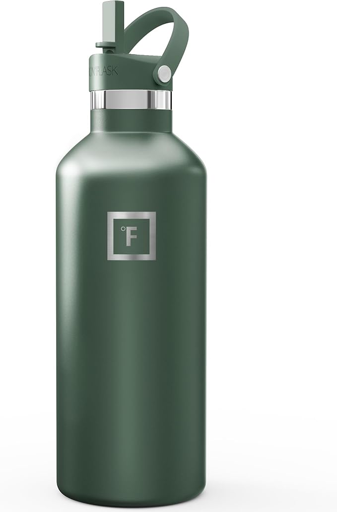 IRON °FLASK Camping & Hiking Hydration Flask with Straw, Narrow Mouth Insulated Stainless Steel Sports Water Bottle - Dark Pine 32 oz - Straw (1 Lid)