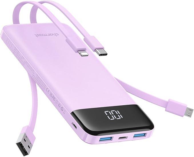 charmast Portable Charger with Built in Cables, 10000mAh Slim Power Bank, 15W USB C in&Out Port High Speed Charging External Charger, Battery Pack Compatible with iPhone 16 15 13 Samsung Google iPad