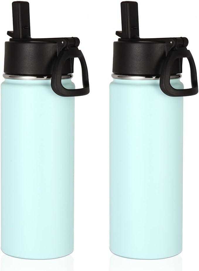 Volhoply 18oz Insulated Water Bottle Bulk 2 Pack,Kids Stainless Steel Water Bottles with Straw,Wide Mouth Reusable Metal Water Bottle,Double Wall Vacuum Sport Flask For Cold Drink(Fog,2 Set)