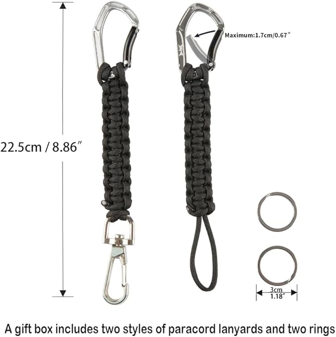 HERCULES Paracord Keychain Set – 2 Pack Lanyard Rope with Aluminum Clip, Durable Paracord Wrist Strap for Outdoor Activities, Black