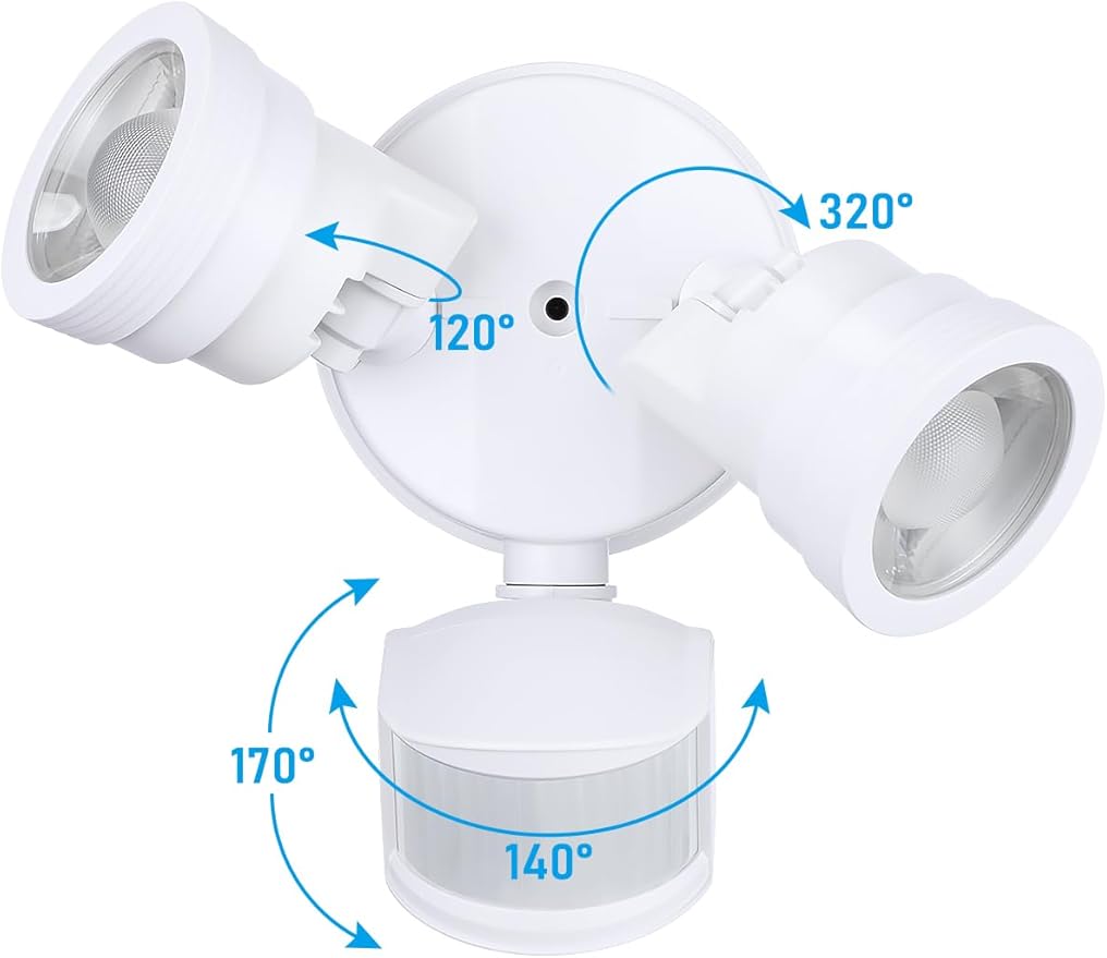 LEONLITE 25W LED Security Light Outdoor Motion Sensor, Motion Flood Lights for Outside, 30°-80° Beam Angle Adjustable, Dual-Head Security Light, Wet Location, ETL Listed, 5000K Daylight, White