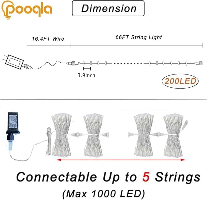 Cool White String Lights Outdoor Christmas Decoration, 66 ft 200 LED Christmas Lights Plug in, Indoor Connectable 8 Modes Clear Wire Twinkle Fairy String Lights for Xmas Tree Bedroom Holiday Party