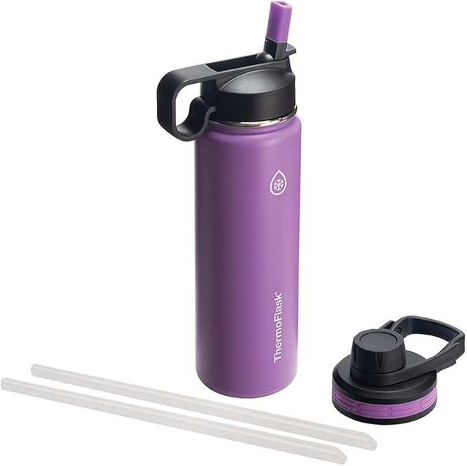 ThermoFlask 24 oz Double Wall Vacuum Insulated Stainless Steel Water Bottle - Reusable with Leakproof Chug & Straw Lids - Keeps Drinks Cold 24 hr/Hot 12 hr - Easy Maintenance - Gym/On-the-Go, Plum
