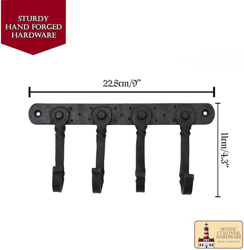 "Mystic Colonial Rustic Cast Iron Wall Mounted Coat Rack with 4 Blackened Hooks � Heavy Duty Vintage Utility Hanger for Entryway, Bathroom, Kitchen, Bag, Hat & Towel � Mounting Hardware Included"