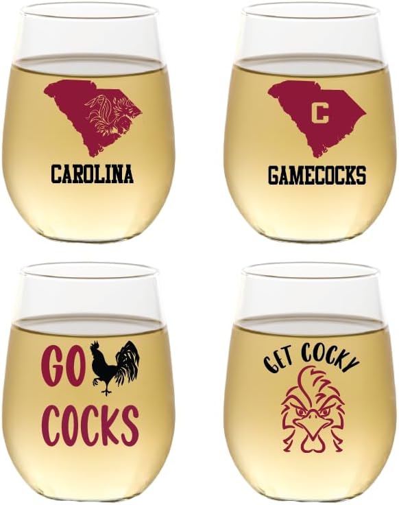Wine-Oh! Set of 4 Shatterproof Designer 16 oz Plastic Wine Glasses MADE in the USA (GAMECOCKS)