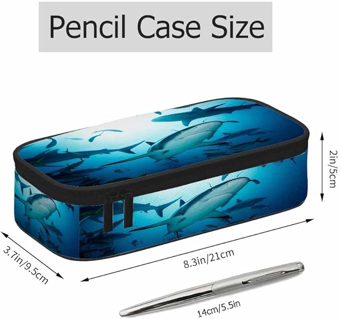 Sharks Pencil Case Organizer Ocean Sea Fish Light Blue Stationery Box Makeup Box School Supply for Boy Girl Men Women