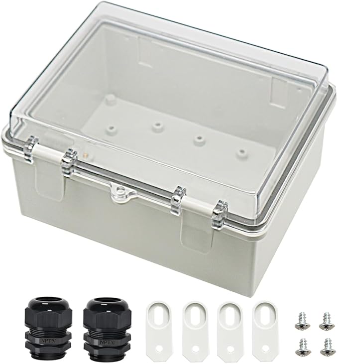 Zulkit Junction Box ABS Plastic Dustproof Waterproof IP65 Electrical Boxes Hinged Shell Outdoor Universal Project Enclosure Clear Cover with 2 Cable Glands 8.7 x 6.7 x 4.3 inch (220x170x110 mm)