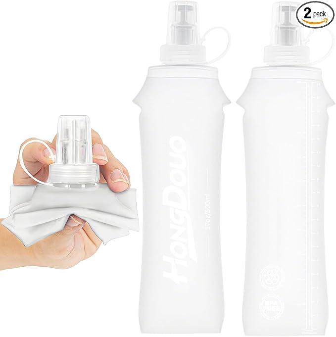 2PCS Running Vest Soft Flask, BPA-Free Soft Flasks 17oz/500ml TPU Collapsible Water Bottle for Hydration Backpack, Folding Running Water Bottles for Marathon Hiking Cycling Climbing