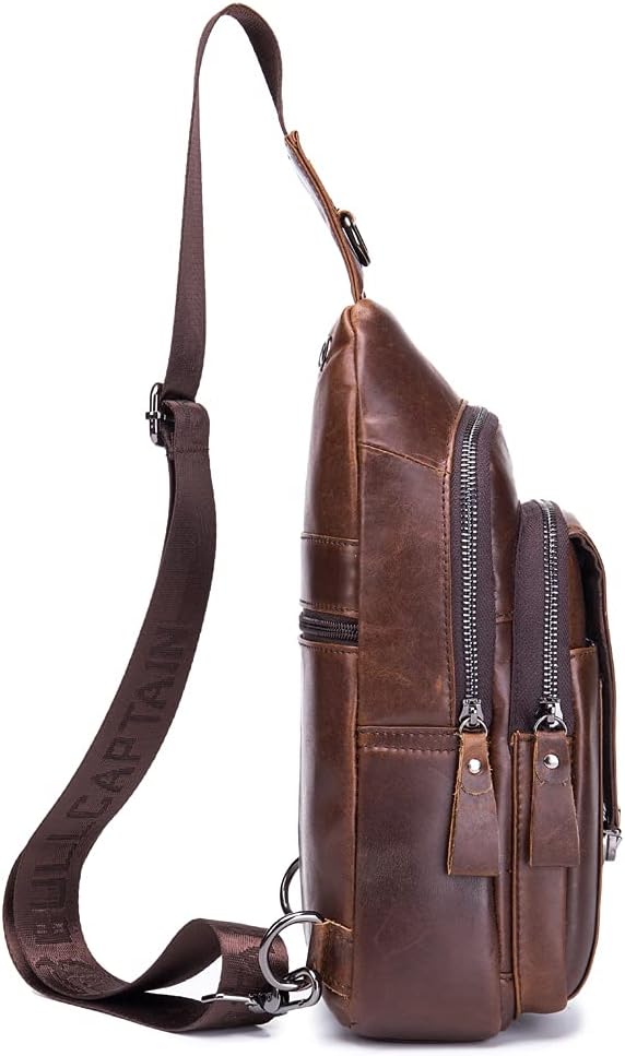 Hebetag Leather Sling Bag Crossbody Backpack for Men Women Outdoor Travel Work Shoulder Chest Pouch Camping Casual Daypack Coffee 18cm(W) x8cm(D) x30cm(H)(7.08"x3.14"x11.81") approx;