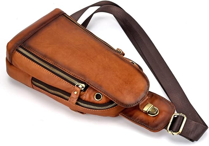 Leather Sling Bag Crossbody Backpack for Men Women Outdoor Travel Camping Hiking Shoulder Chest Day Pouch Casual Vintage Sling Daypack Yellow Brown